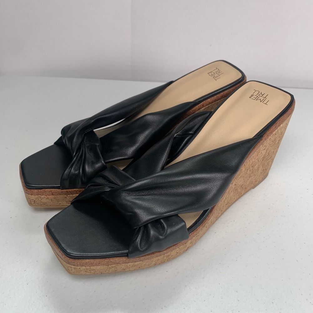 Time & Tru Black Cork Wedge Sandals Size 9 - Picture 3 of 8